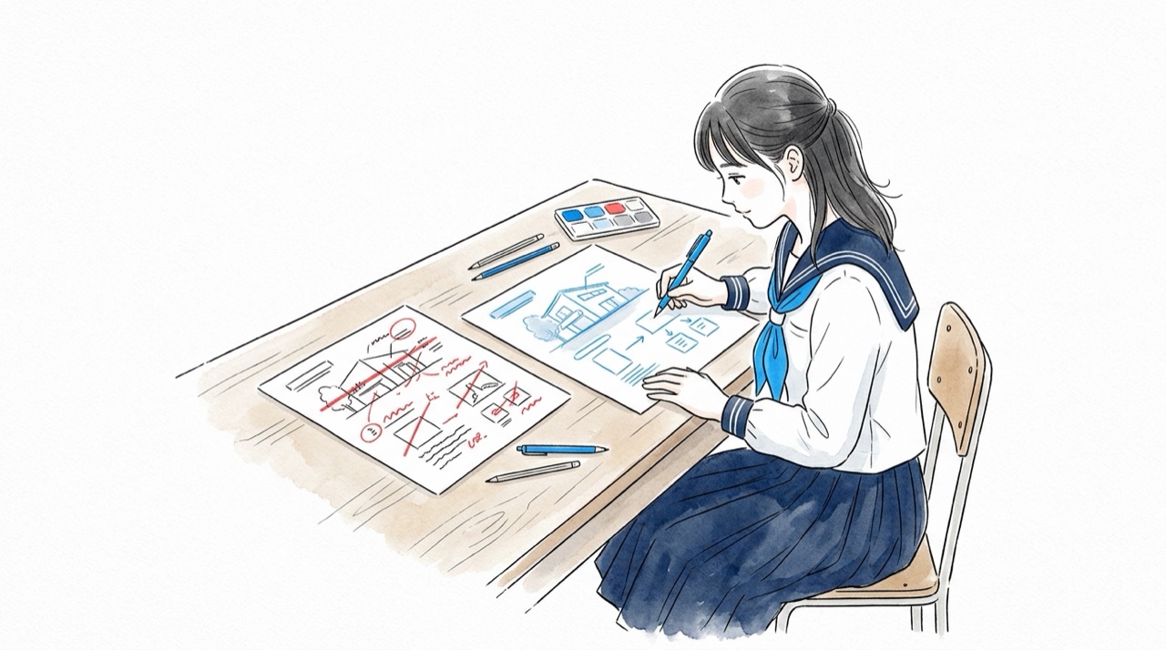 高校生が自分の1枚に赤で線を引いて直し、横に新しい1枚を描き始めている