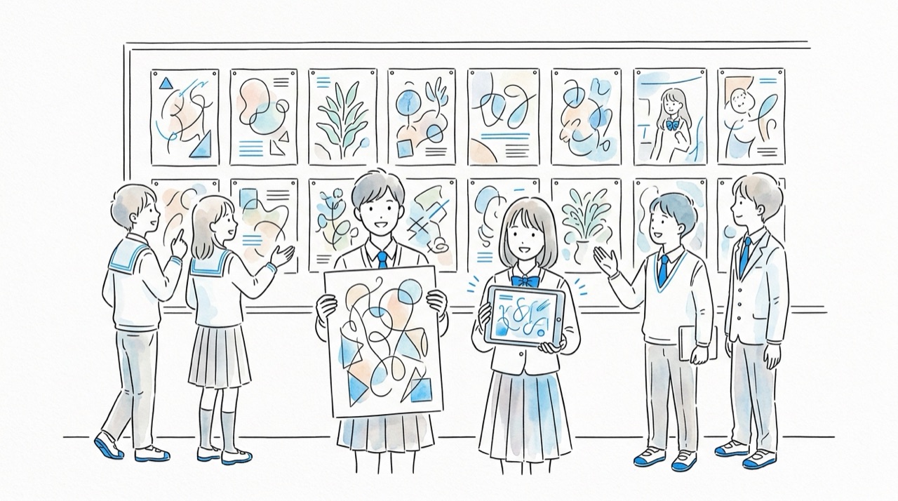 高校生たちが手描きのポスターやタブレットの1枚を掲げていて、それが教室の壁に並んでいく