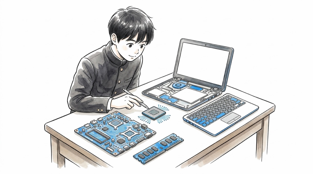 机の上でノートパソコンを開いて中身の部品を見ている高校生。キーボード・メモリ・CPU・画面・基板が並んでいる