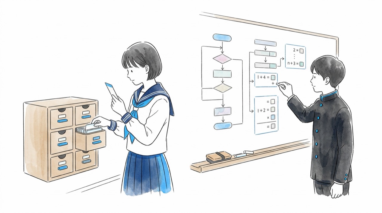 8個の引き出しが並んだ棚の前で、高校生が1枚ずつカードを取り出して読み上げ、もう一人が黒板の計算を進めている