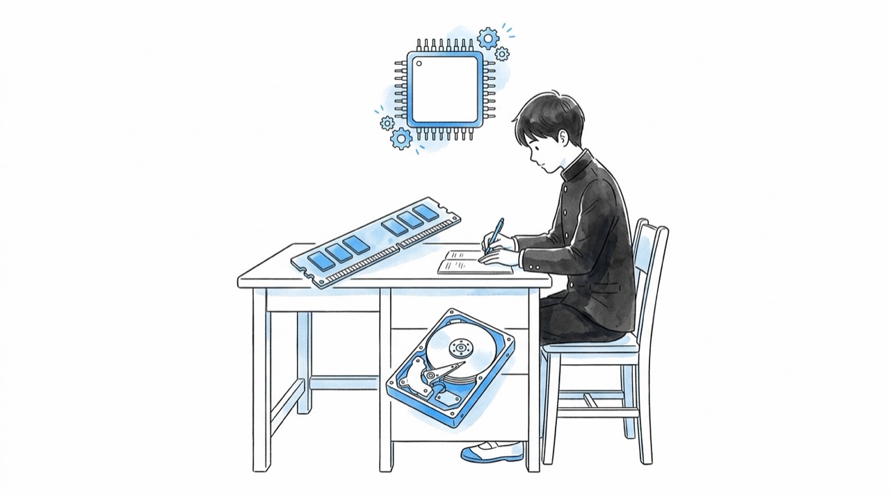 勉強机に座る高校生。頭の上にCPUの絵、机の天板にメモリの絵、引き出しにハードディスクの絵が重ねて描かれている