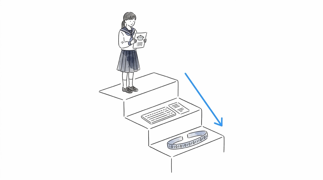 階段の一番上に日本語のレシピを持つ高校生、中段にキーボードで打たれた短い命令文、一番下に0と1の帯。矢印が下へ向かう