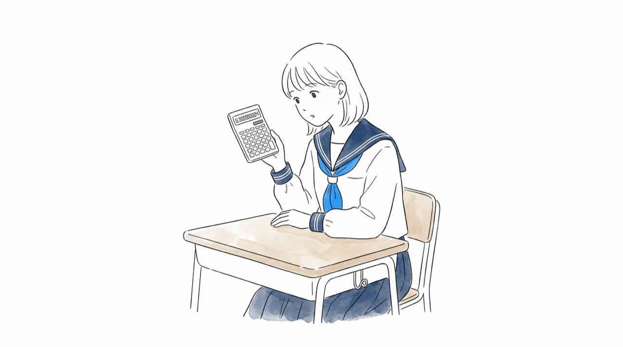 電卓で0.1と0.2を足した高校生が、画面に出た長い小数を見て首をかしげている