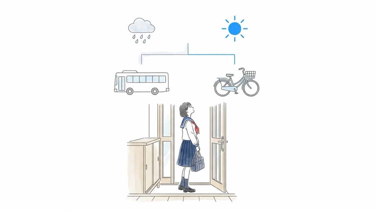 玄関で空を見上げる高校生。頭の上に、雨か晴れかで分かれる道の絵が浮かび、自転車とバスの絵につながっている