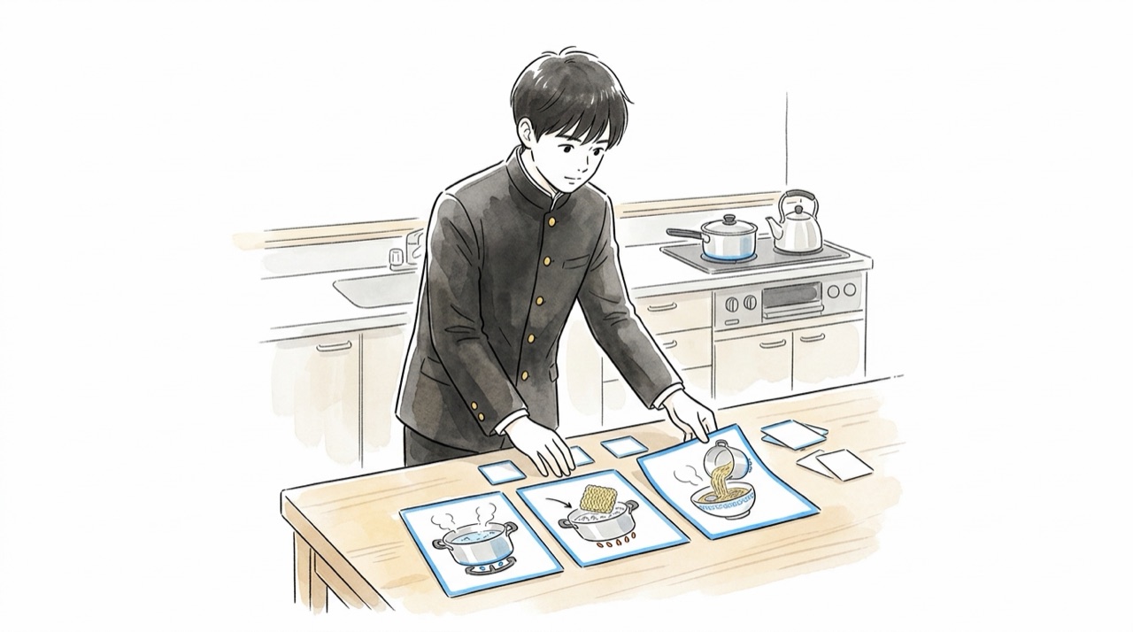 台所で、インスタントラーメンの作り方を描いた絵カードを高校生が順番に並べ直している