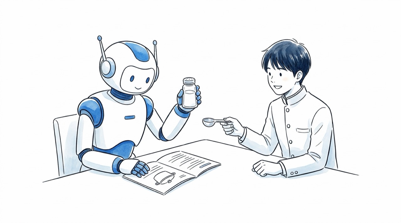 料理のレシピを読んでいるロボットが、塩の瓶を持ったまま困って止まっていて、横で高校生が計量スプーンを差し出している