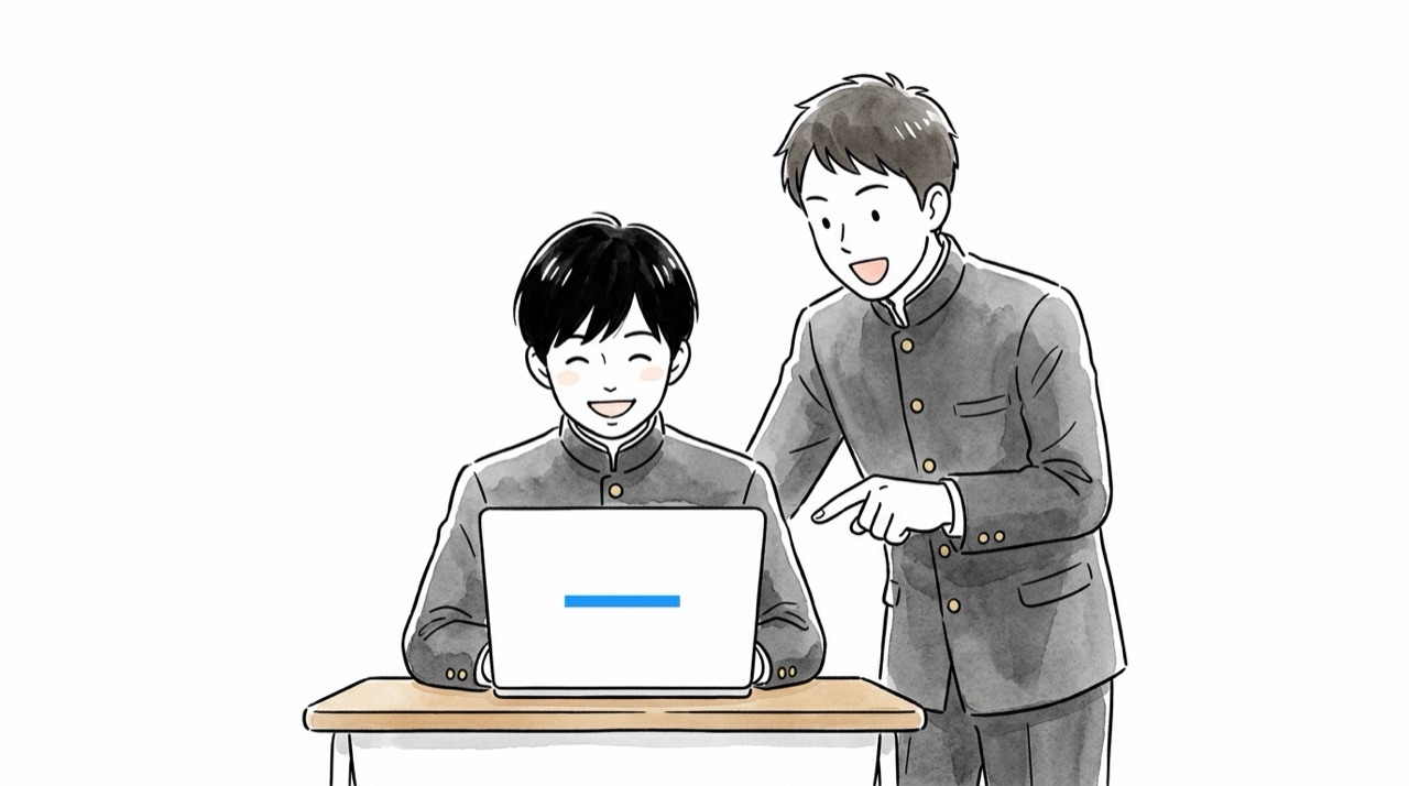 ノートパソコンに向かう高校生。画面に一行の文字が表示され、隣で友人が指をさして喜んでいる