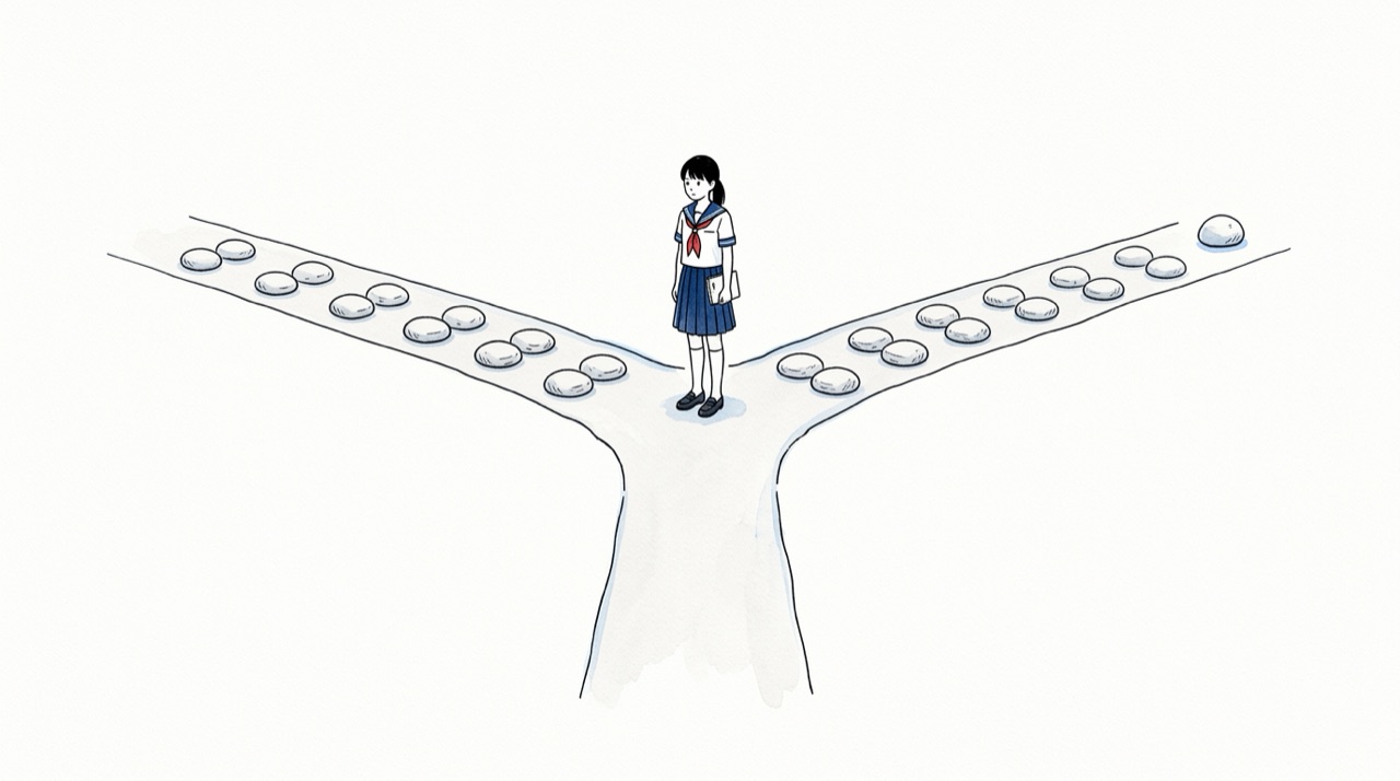 道が二つに分かれる場所に立つ高校生。左の道には偶数の石、右の道には奇数の石が並んでいる