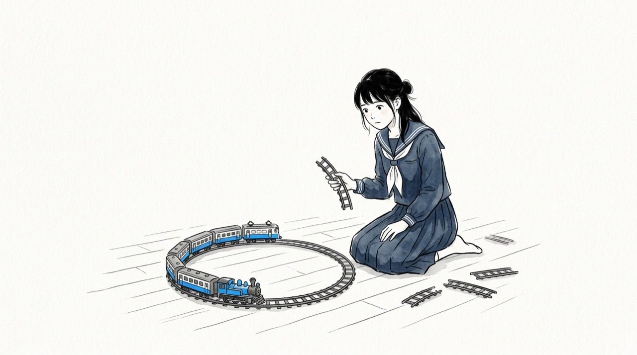 円形のレールの上を止まらずに走り続けるおもちゃの列車を、高校生が困った顔で見ていて、手にはレールの切れ端を持っている