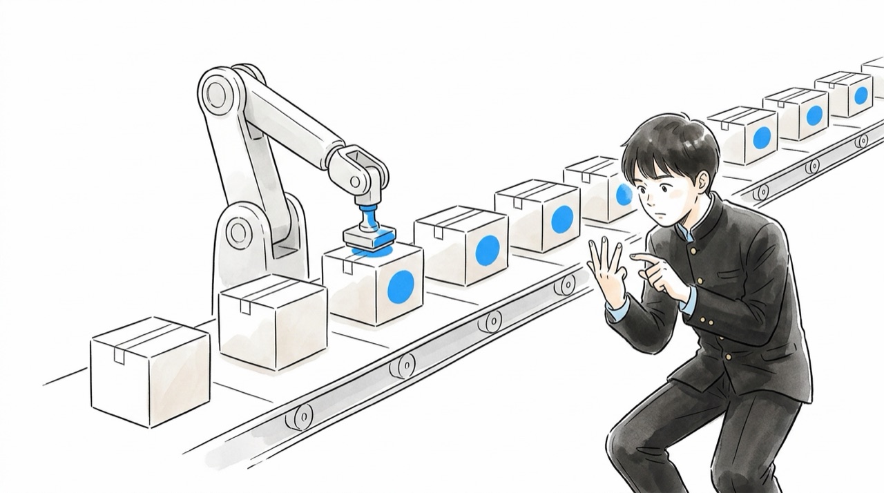 ベルトコンベアで同じ箱が次々流れてきて、ロボットの腕が1つずつ同じ印を押している。高校生が回数を数えている